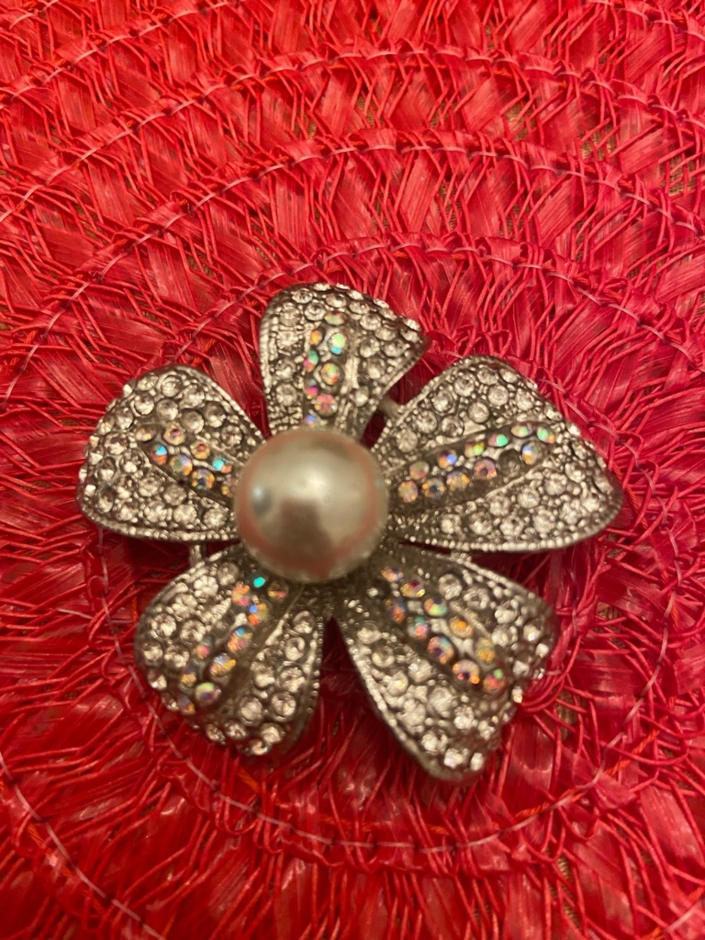 Rhinestone Flower Brooch with Pearl Center — Silver Tone